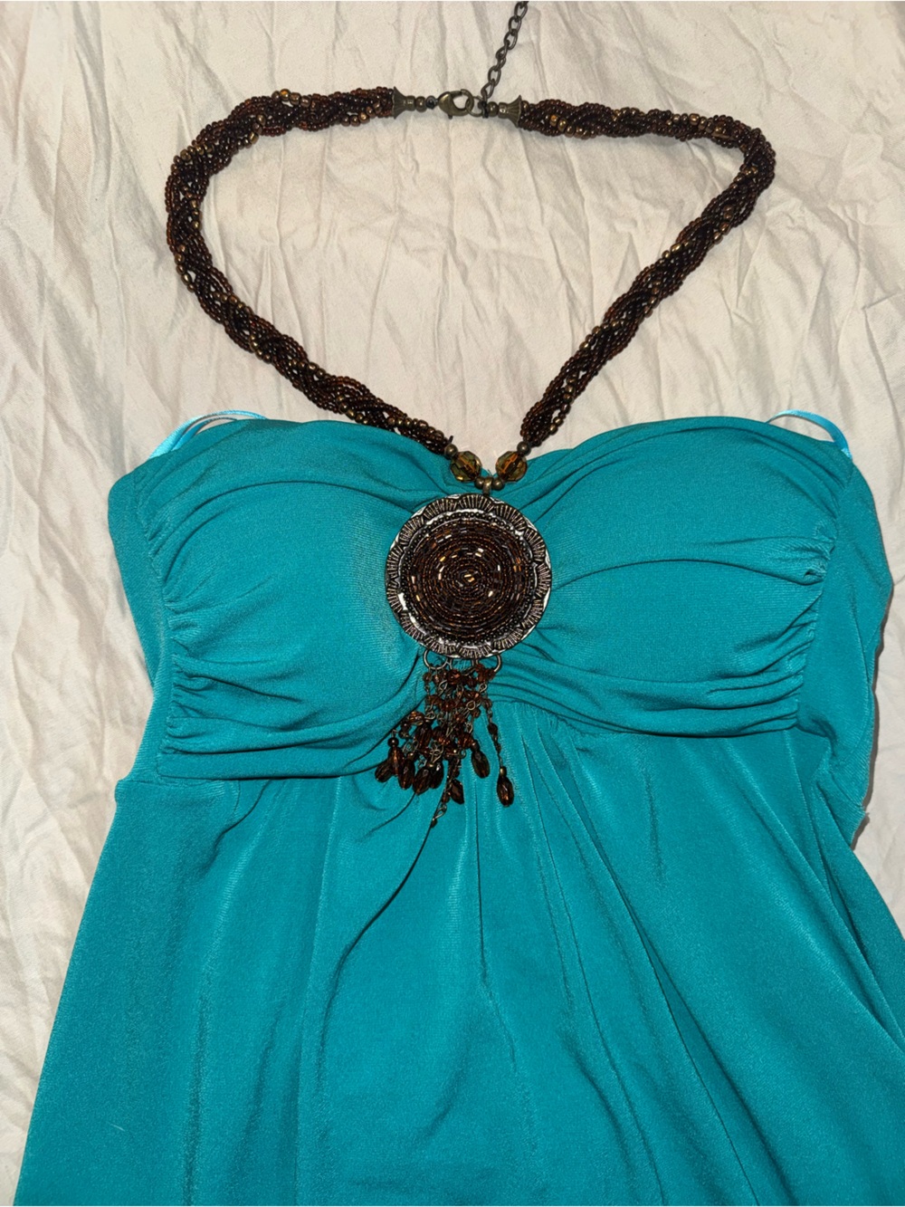 Cache Turquoise Halter Dress with Beaded Accent
